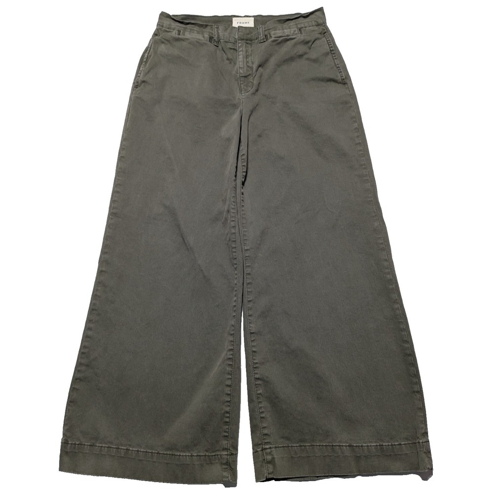FRAME Wide-Leg Cropped Washed Fatigue Green Stretch Cotton Trouser - Women 29